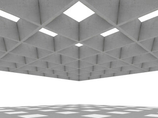 Abstract empty, concrete space with skylight and grid structure - industrial interior background , 3D illustration