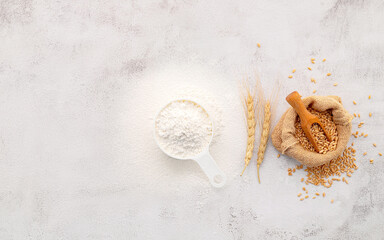 The ingredients for homemade pizza dough with wheat ears ,wheat flour and olive oil set up on white concrete background. top view and copy space.