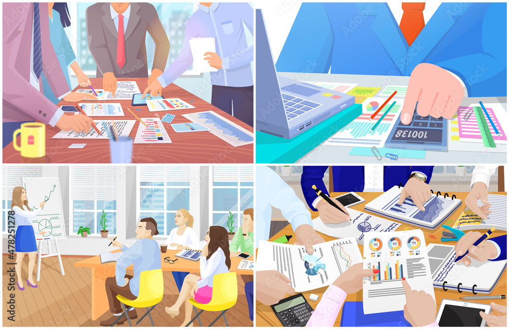 Poster visualize with business analytics. people work with statistical data analysis, changing indicators. 