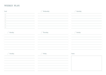 Note, scheduler, diary, calendar planner document template illustration. Weekly plan form.