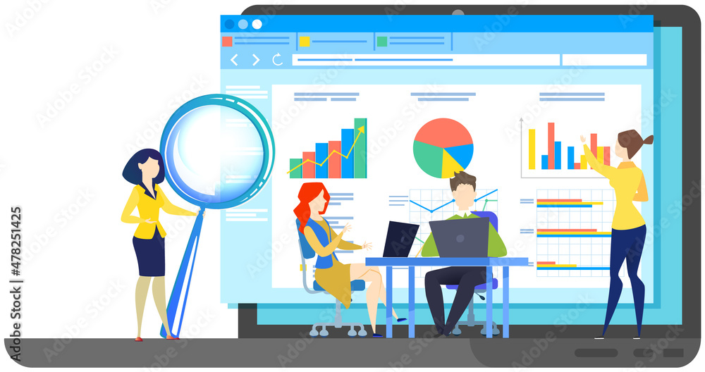 Poster employees working with presentation of statistics. business team surfing internet, analysing data. m