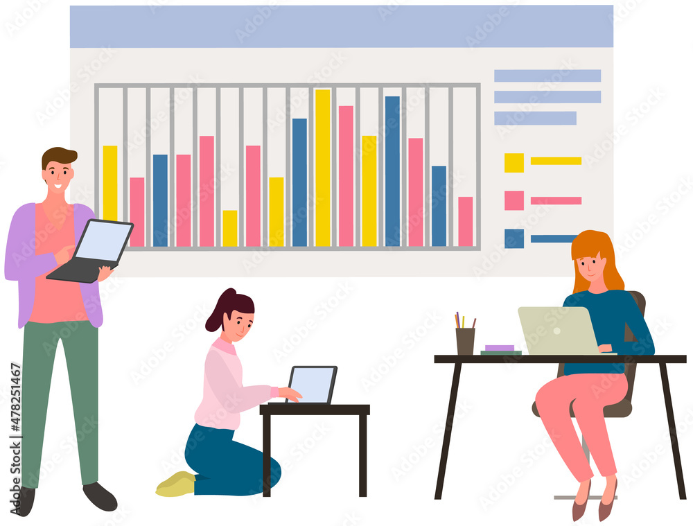 Poster visualize with business analytics. people work with statistical data analysis, changing indicators. 