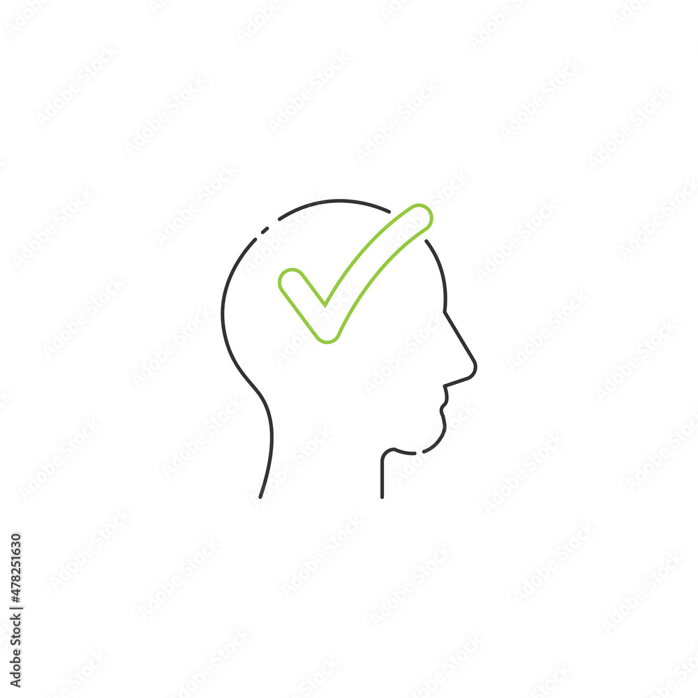 Poster check mark in human head linear icon with editable stroke. problem solving concept. stock vector ill