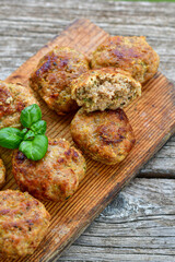 Home made  deep fried  Tutkey meatballs  outdoor on wooden rustic background