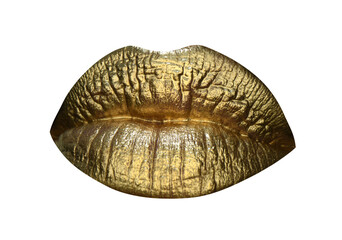 Lip Icon. Luxury gold lips make-up. Golden lips with golden lipstick. Gold paint on lips of sexy girl. Sensual woman mouth, isolated background.