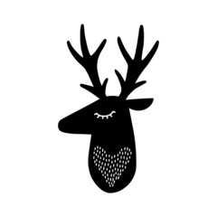 Deer head silhouette. Stylized drawing reindeer in simple scandi style. Nursery scandinavian art. Black and white vector illustration - 478252479