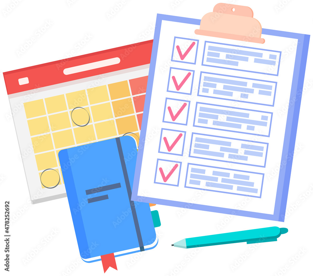 Poster clipboard with checklist with red tick marks near notebook, calendar. check list, to do plan, questi