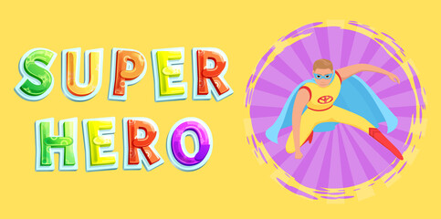 Strong super man smiles and flies to save world stretched out his hand. Brave character in superhero costume with cloak on white background. Cartoon person hurries to protects people from villains