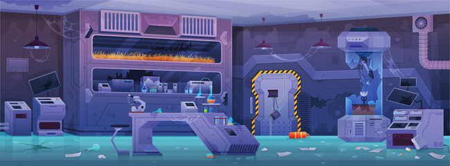 Empty no people chemical research laboratory with different equipment. Chaos, crash and disorder in scientist workplace, experiment room. Theft, breaking open, illegal entry to scienctific lab
