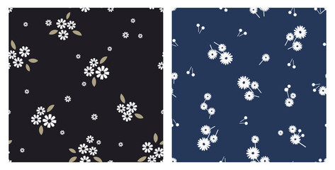 Set of small daisy flower seamless patterns on black and blue backgrounds vector illustration.
