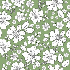 Obraz premium Beautiful vintage floral pattern. White flowers and leaves . Green background. Floral seamless background. An elegant template for fashionable prints.