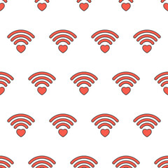Heart Wifi Seamless Pattern On A White Background. Heart And Wifi Signal Theme Vector Illustration