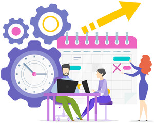 Colleagues create calendar with planned activities, timetable, schedule. Planning day, work project planner and events calendar. Task scheduling, work process organization, time management concept