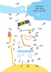 Wizard in hat. Activity page for kids. Educational game. Connect dots from 1 to 40.
