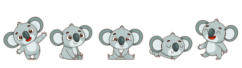 Set with a cute koala in children's cartoon style. Characters sit, stand, wave, sleep, walk. Vector illustrations for designs, prints and patterns.