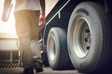 Truck Driver is Checking the Truck's Safety Maintenance Checklist. Inspection Truck Safety. Semi Truck Wheels and Tires.   © Siwakorn1933