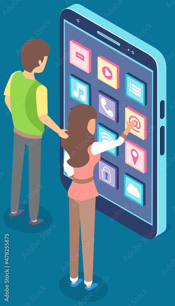 Poster development of mobile application, program for smartphone concept. people standing near phone with a