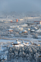 Yakutsk city in winter. View from a height of the ethnographic tourist complex 