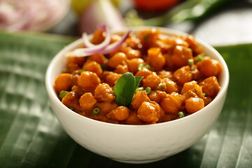 Indian vegan dish, chickpeas curry, chana masala.