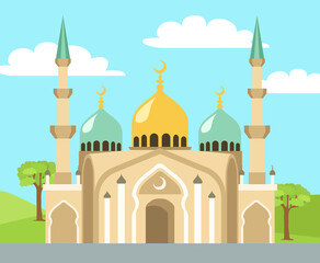 Muslim mosque isolated. Temple vector classic cathedral illustration. Religious building in style of ancient architecture, traditional prayer house, dome with moon on roof