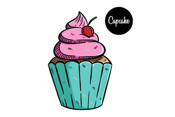 hand drawn cupcake with strawberry and cherry topping