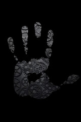 Palm print with texture and gears on black background.