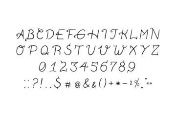 Hand drawn font alphabet. Set of lowercase letters in minimal style. Abstract letters and numbers. Typography character set. ABC. Handwritten latin alphabet font. Calligraphic font for lettering