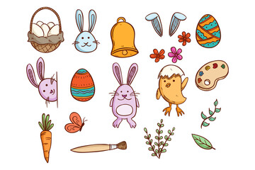 easter icons collection with colored doodle style