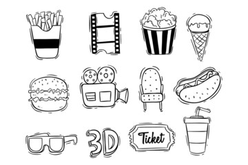 set of cinema or movie theater doodle icons