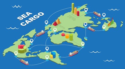 Fototapeta na wymiar Sea cargo vector isometric infographic. Global marine logistics network. Ocean freight shipping. Maritime industry.