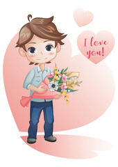Valentine's Day illustration. Boy with a beautiful bouquet of flowers. Great for postcards, banners, prints