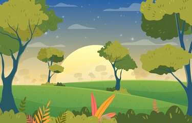 Vector illustration background Hill landscape Evening scenery with sunset