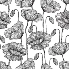 Gordijnen Naadloos patroon met bloemen. Naadloos patroon met papavers. Ontwerp voor textiel en behang. Zwart-wit tekening met de hand getekend. Op een witte achtergrond © Oksana Faliush