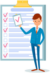 Month scheduling, to do list, time management. Businessman stands near checklist and planning. Plan fulfilled, task completed, timetable on paper sheet. Check list plan, schedule creation concept