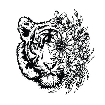 hand drawn tiger fce wih flower black and white