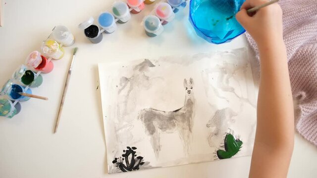 Watercolor hand drawn simple illustration of alpaca, llama. Children painting style. Wildlife.