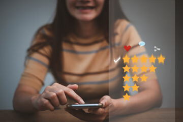 Customer evaluation feedback.women Giving Positive Review for Client's Satisfaction Surveys.giving a five star rating. Service rating, satisfaction concept