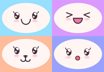 Kawaii cute faces on colorful backgrounds set. Manga style eyes and mouths. Funny cartoon japanese emotion in different face expressions. Anime characters and emotions. Eastern kawaii culture design