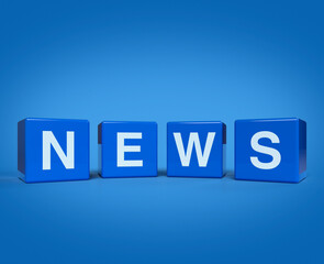 3d rendering, illustration of NEWS letter on block cubes on light blue background, Business communication concept