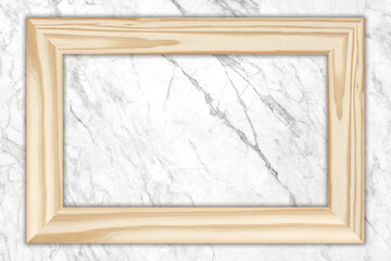 wooden frame on white marble wall texture background
