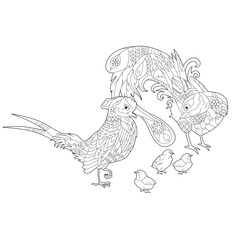 Contour linear illustration for coloring book with two pretty birds. Beautiful cute couple,  anti stress picture. Line art design for adult or kids  in zen-tangle style, tattoo and coloring page