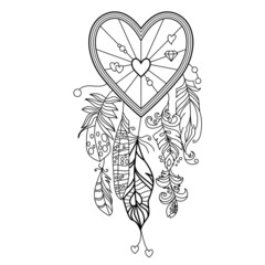 Contour linear illustration for coloring book with dreamcatcher. Anti stress picture. Line art design for adult or kids  in zen-tangle style, tatto and coloring page