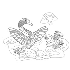 Fototapeta premium Contour linear illustration for coloring book with two pretty birds. Beautiful cute couple, anti stress picture. Line art design for adult or kids in zen-tangle style, tattoo and coloring page