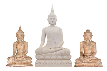 Fototapeta premium Buddha statue made of sandstone and wood isolated on white background