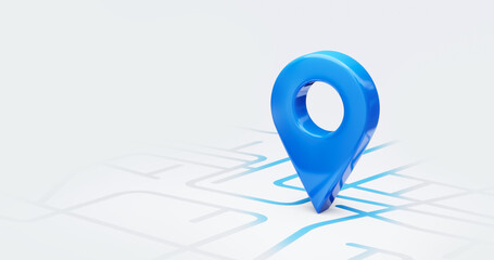 Fototapeta Blue location 3d icon marker or route gps position navigator sign and travel navigation pin road map pointer symbol isolated on white street address background with point direction discovery tracking. obraz