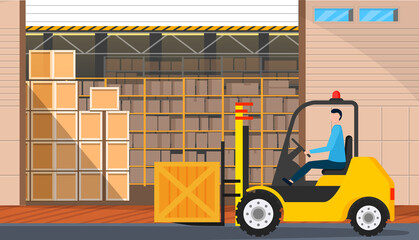 Forklift truck with pallet and box in warehouse building or loading dock. Man works with delivery of goods, transportation in production. Employee drives freight vehicle to lift load in storage