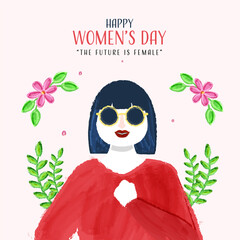 Brush Stroke Effect Young Lady Holding Fist On Chest And Floral Decorated Pink Background For Happy Women's Day Concept.