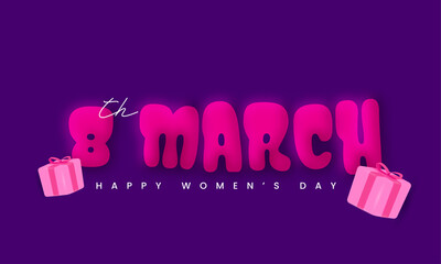 Pink 8th March Font With Realistic Gift Boxes On Purple Background For Happy Women's Day Concept.
