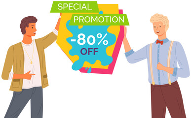 Promotional banner with young men standing near inscription. Advertisement of discount poster template. Big sale special offer vector icon. Male characters advertising special proposition banner