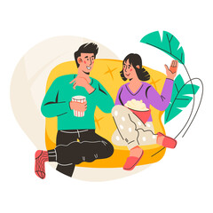 Young man and woman watching TV at home together. Home recreation, weekend or day off activity. Flat vector illustration isolated on white background.